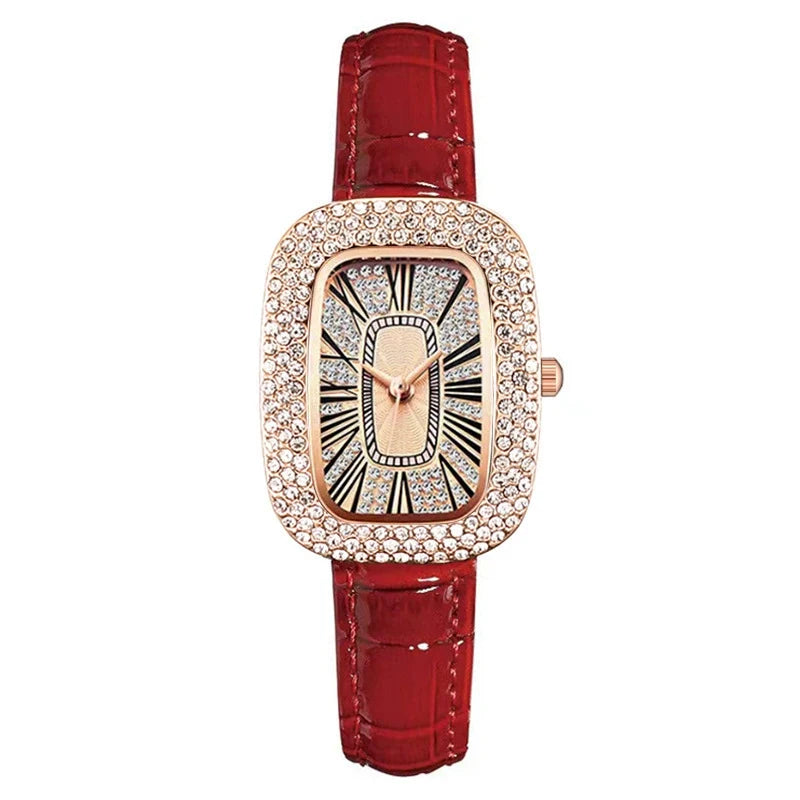 Side view of elegant women's rose gold plated watch with crystals & leather band.