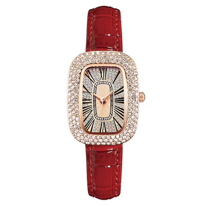 Side view of elegant women's rose gold plated watch with crystals & leather band.