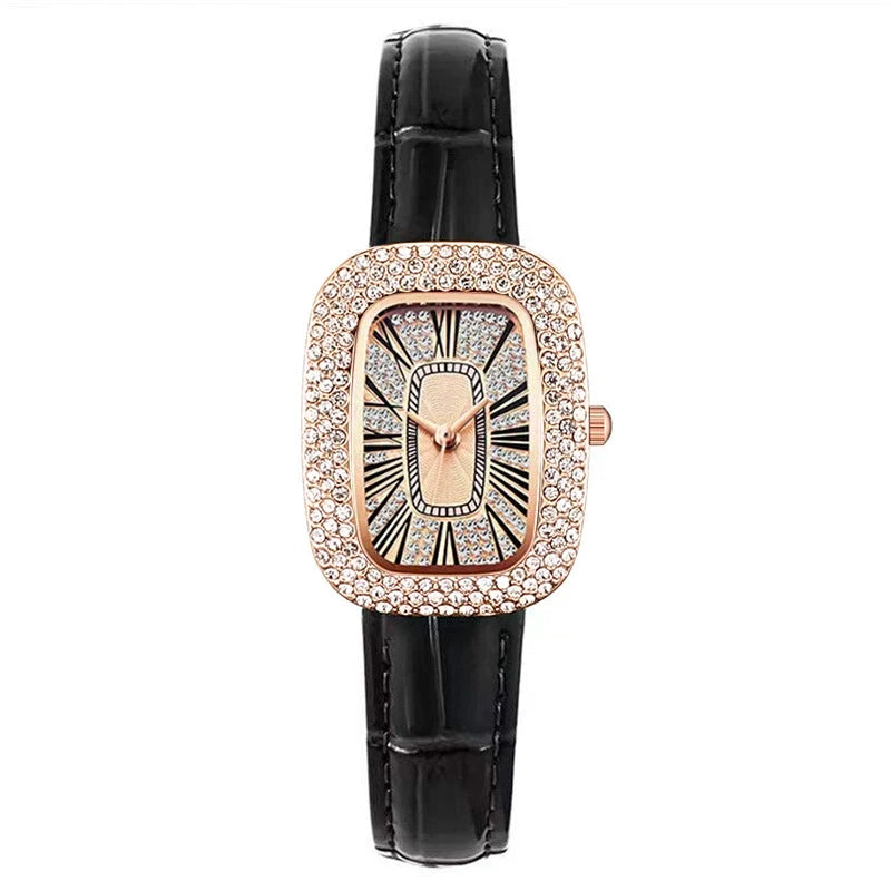 Women's luxury rose gold watch, crystal accents, on display for elegant fashion.