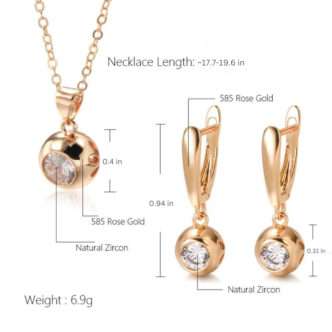 Close-up of women's rose gold zircon orb necklace and earrings, elegant and shimmering.