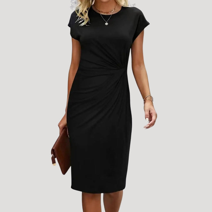 Elegant women's ruched cap sleeve midi dress, perfect for office wear, formal events & business casual.