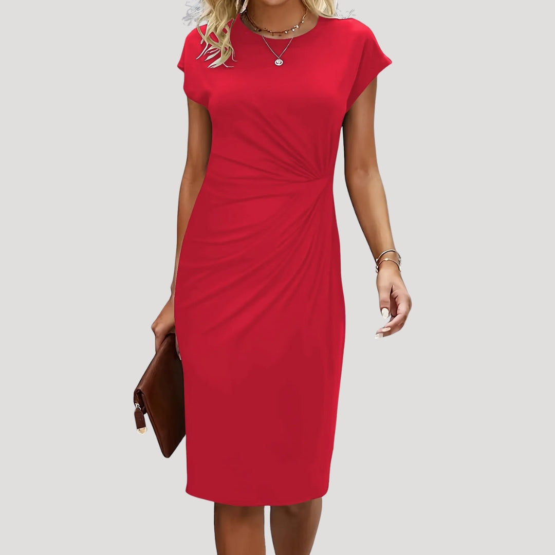 Versatile women's cap sleeve midi dress featuring elegant ruching, suitable for work or special occasions.
