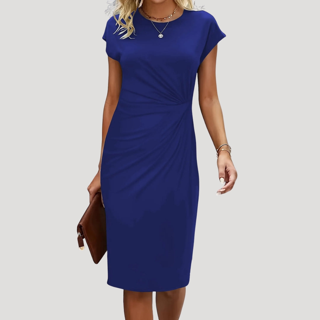 Professional women's ruched midi dress, cap sleeve design, a sophisticated choice for office and events.