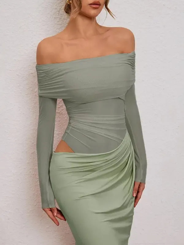 Stylish off-shoulder long evening gown with elegant ruched details & chic cut-out for women's formal events.