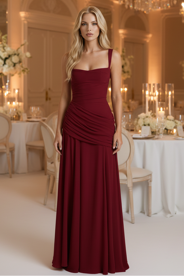 Flowy women's summer maxi dress with elegant ruched details. Comfortable long dress for versatile style.