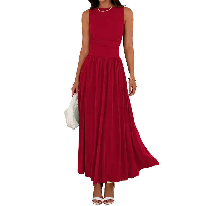 Stylish women's long ruched maxi dress, offering an elegant and flattering silhouette for all occasions.