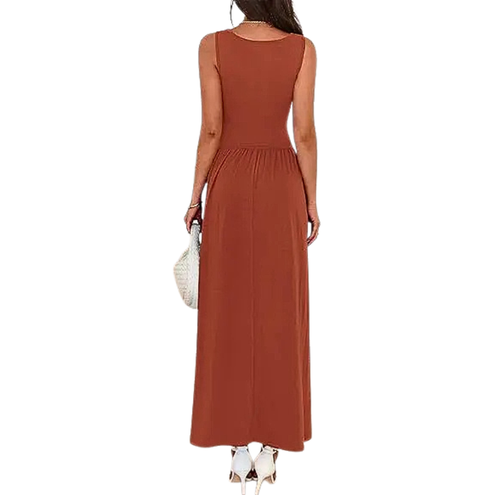 Flattering women's ruched maxi dress. Elegant long style with versatile appeal for casual or evening wear.