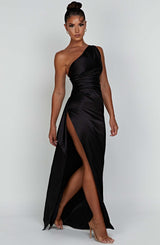 Formal women's ruched one-shoulder cocktail maxi dress, perfect for special occasions & elegant evening wear.
