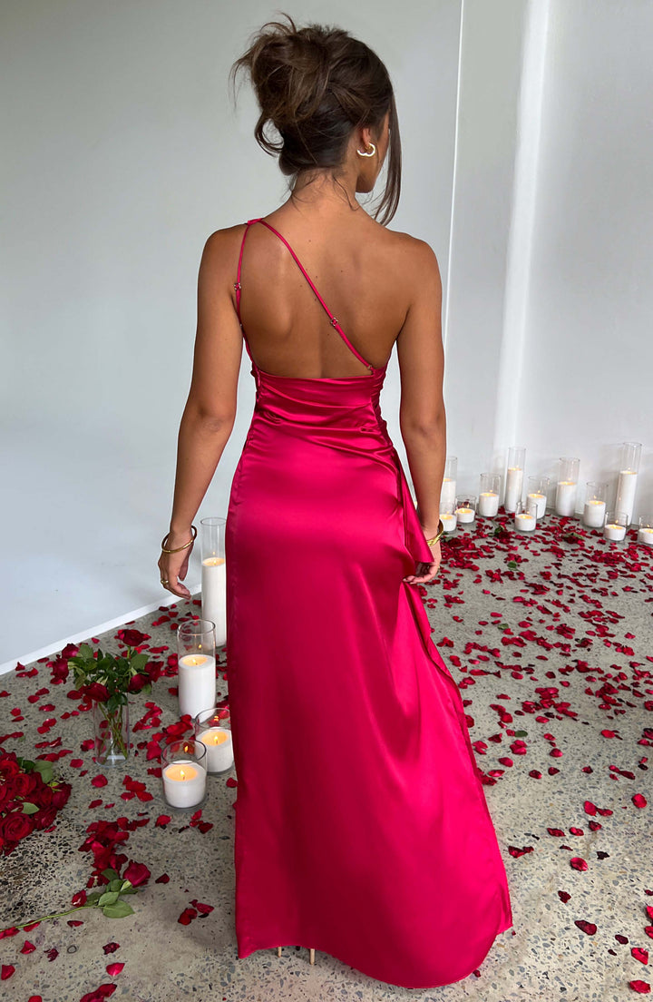 Women's elegant one-shoulder ruched long dress, designed as stunning wedding guest or formal evening attire.