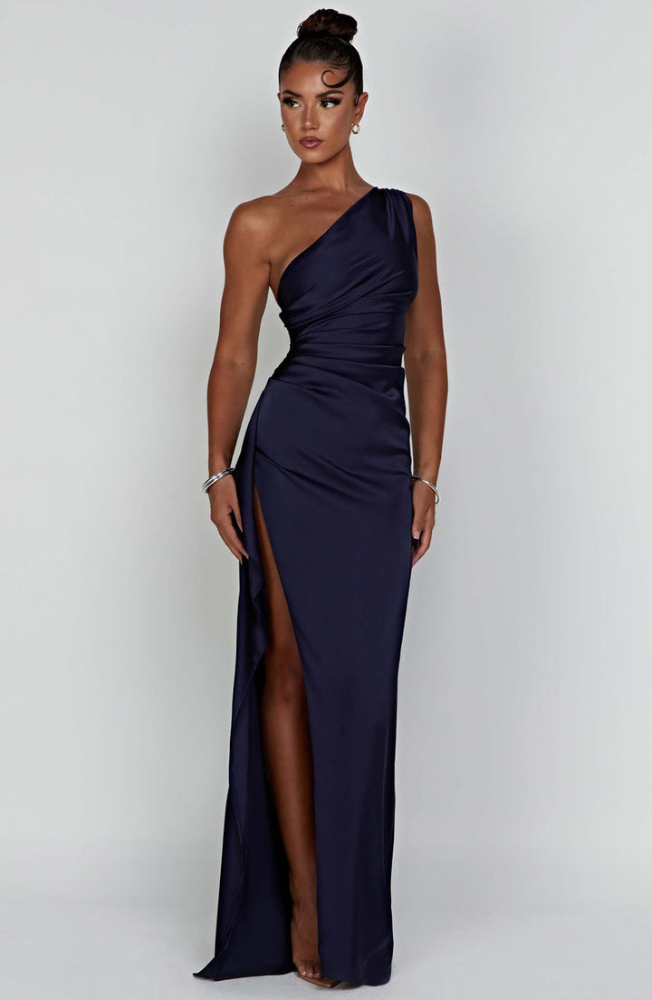 Elegant women's maxi dress with intricate ruched bodice and stylish one-shoulder strap, perfect for guests.