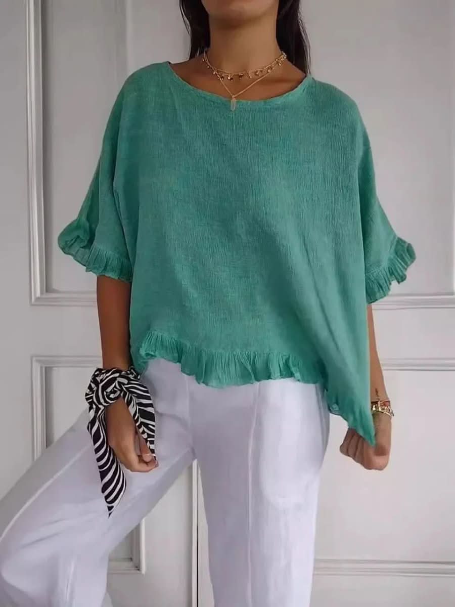 Lightweight women's ruffle blouse, comfortable for summer casual or office.