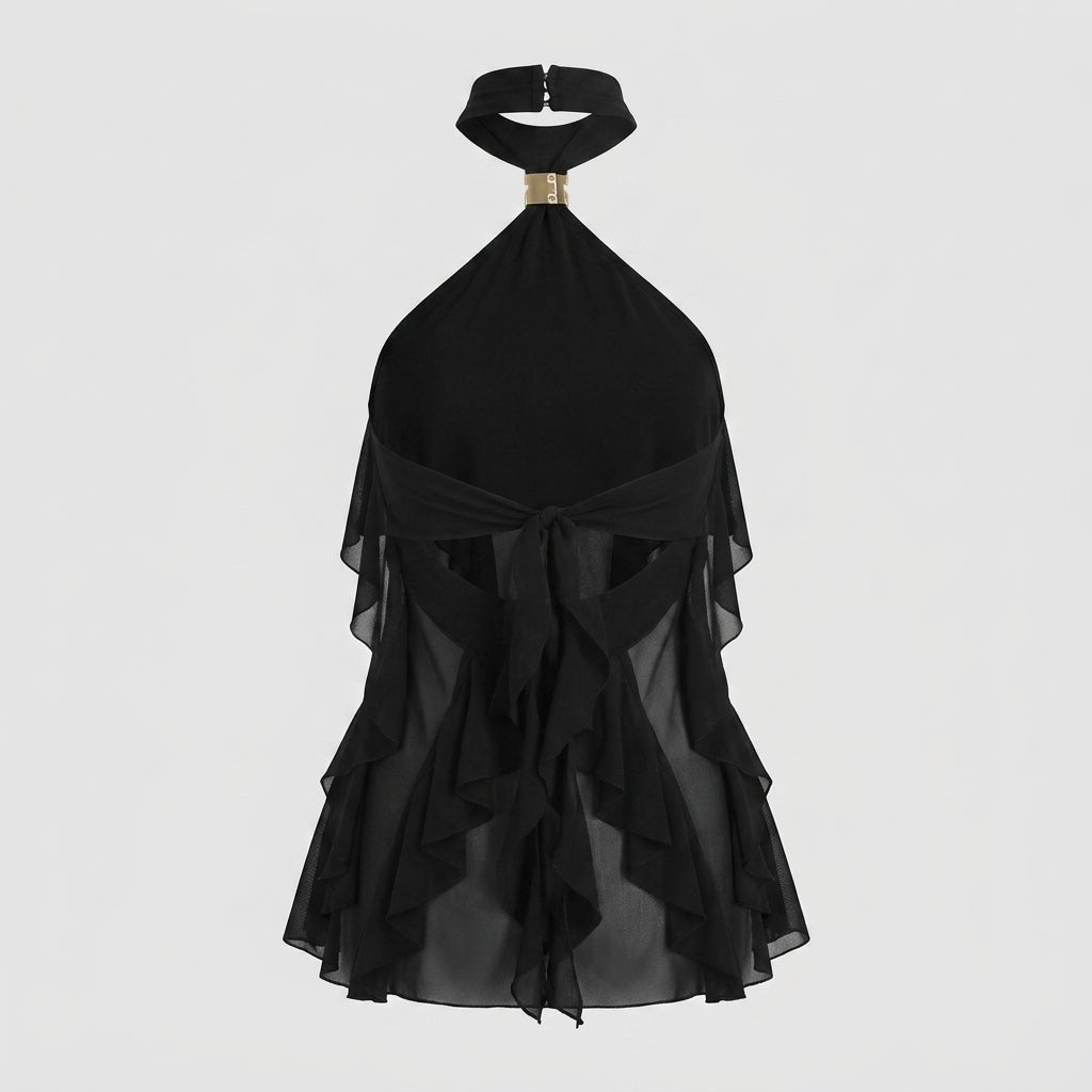 Women's formal halter blouse, featuring elegant ruffles and a sleeveless design.