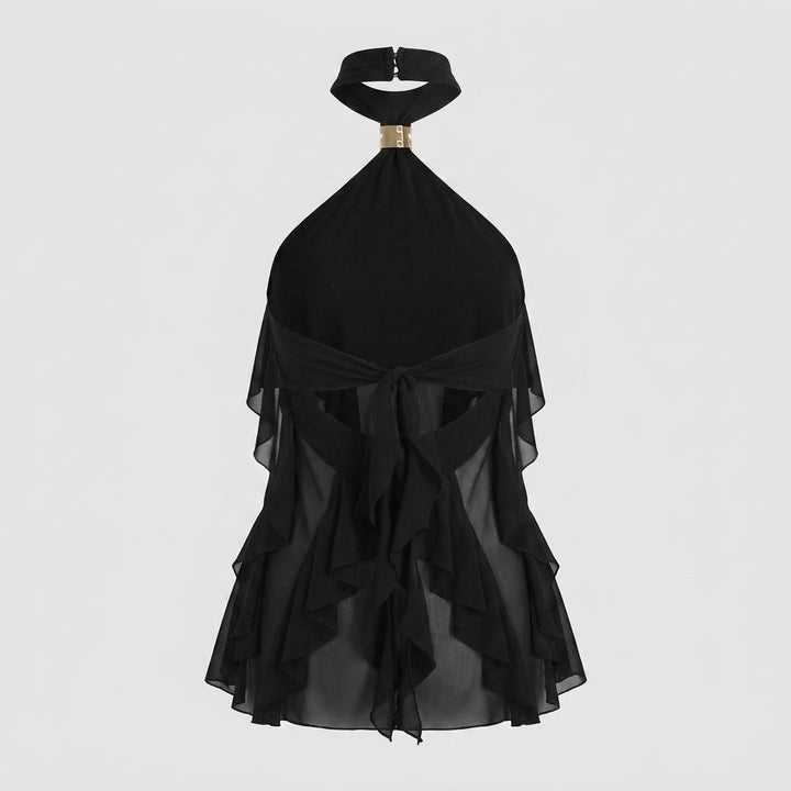 Women's formal halter blouse, featuring elegant ruffles and a sleeveless design.