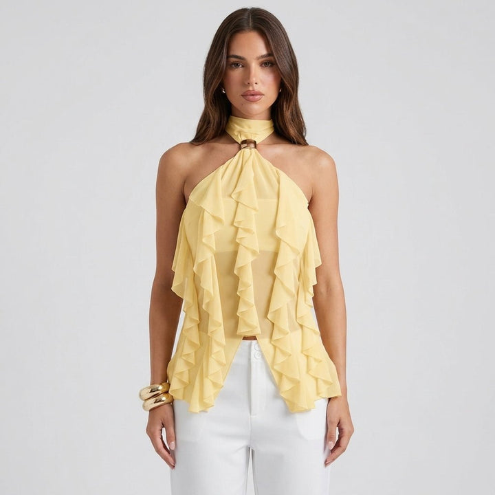 Special occasion women's ruffle halter top, an elegant sleeveless blouse option.