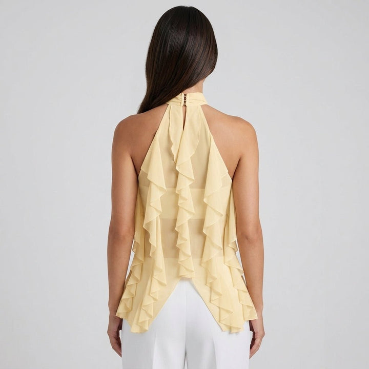 Dressy women's blouse, sleeveless with a ruffle halter neck, ideal for formal evenings.