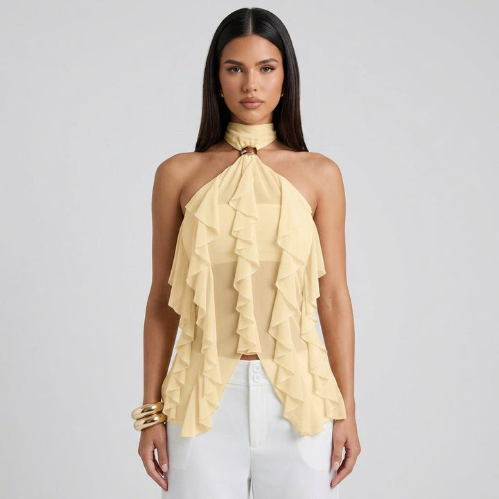 Elegant women's sleeveless ruffle halter blouse, a refined top for formal events.