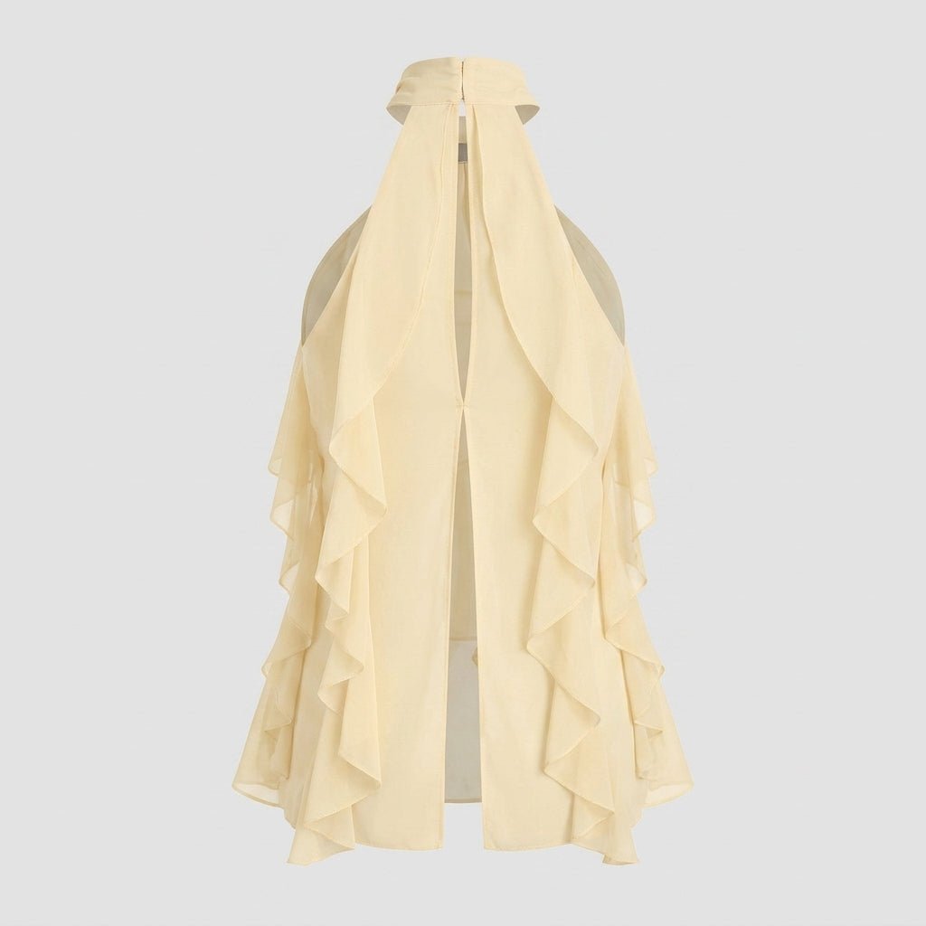 Women's elegant sleeveless blouse with ruffles and a sophisticated halter neck.