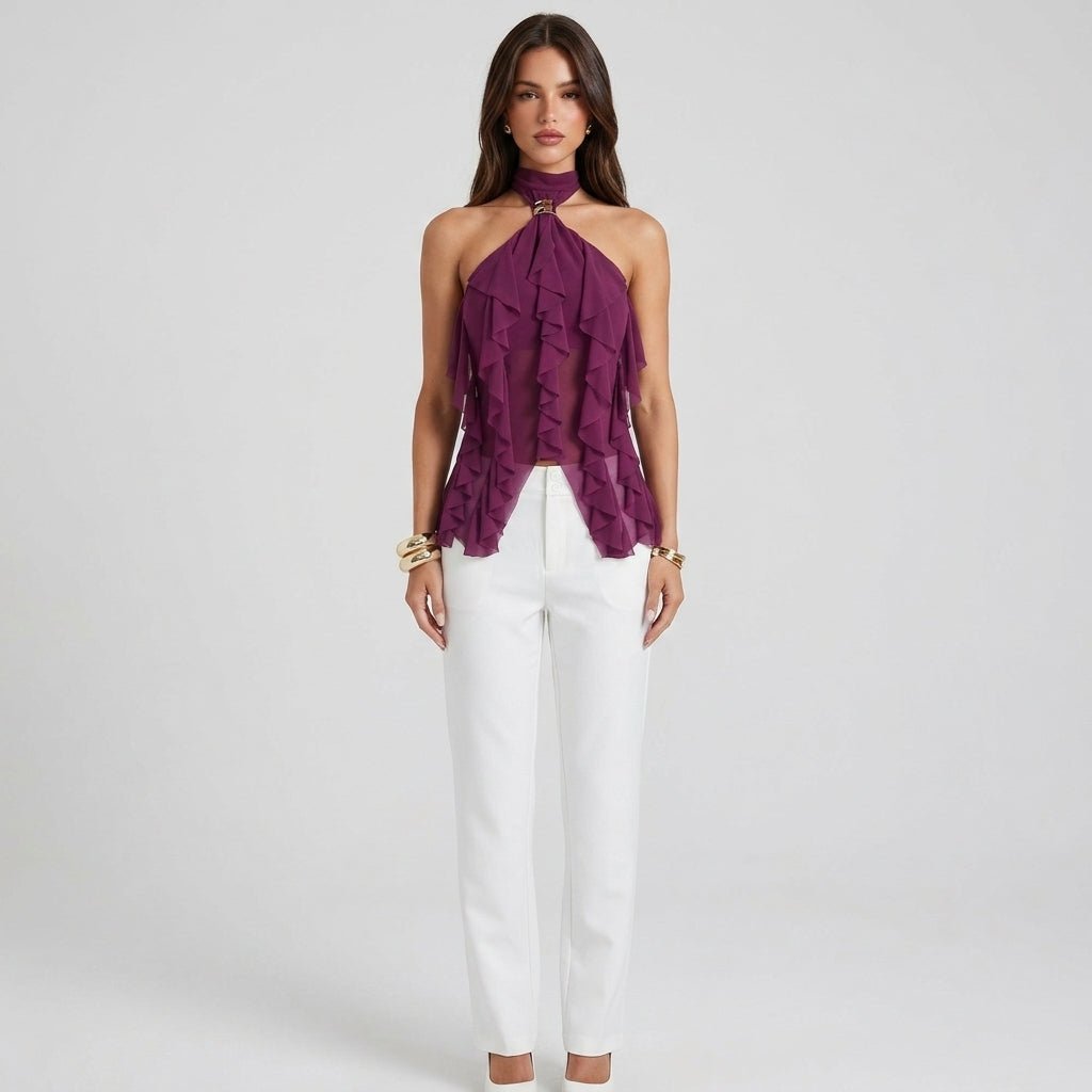 Formal women's ruffle halter top, an elegant sleeveless blouse for special occasions.