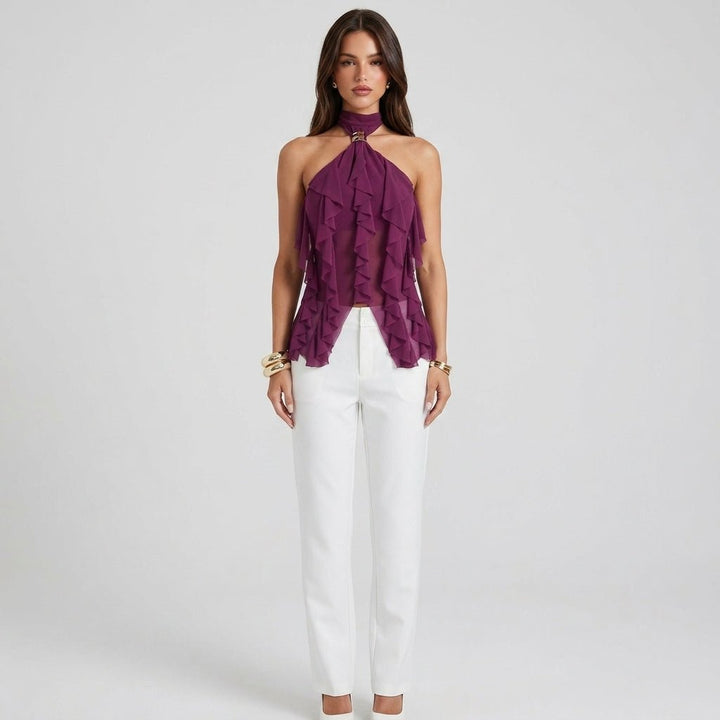 Formal women's ruffle halter top, an elegant sleeveless blouse for special occasions.