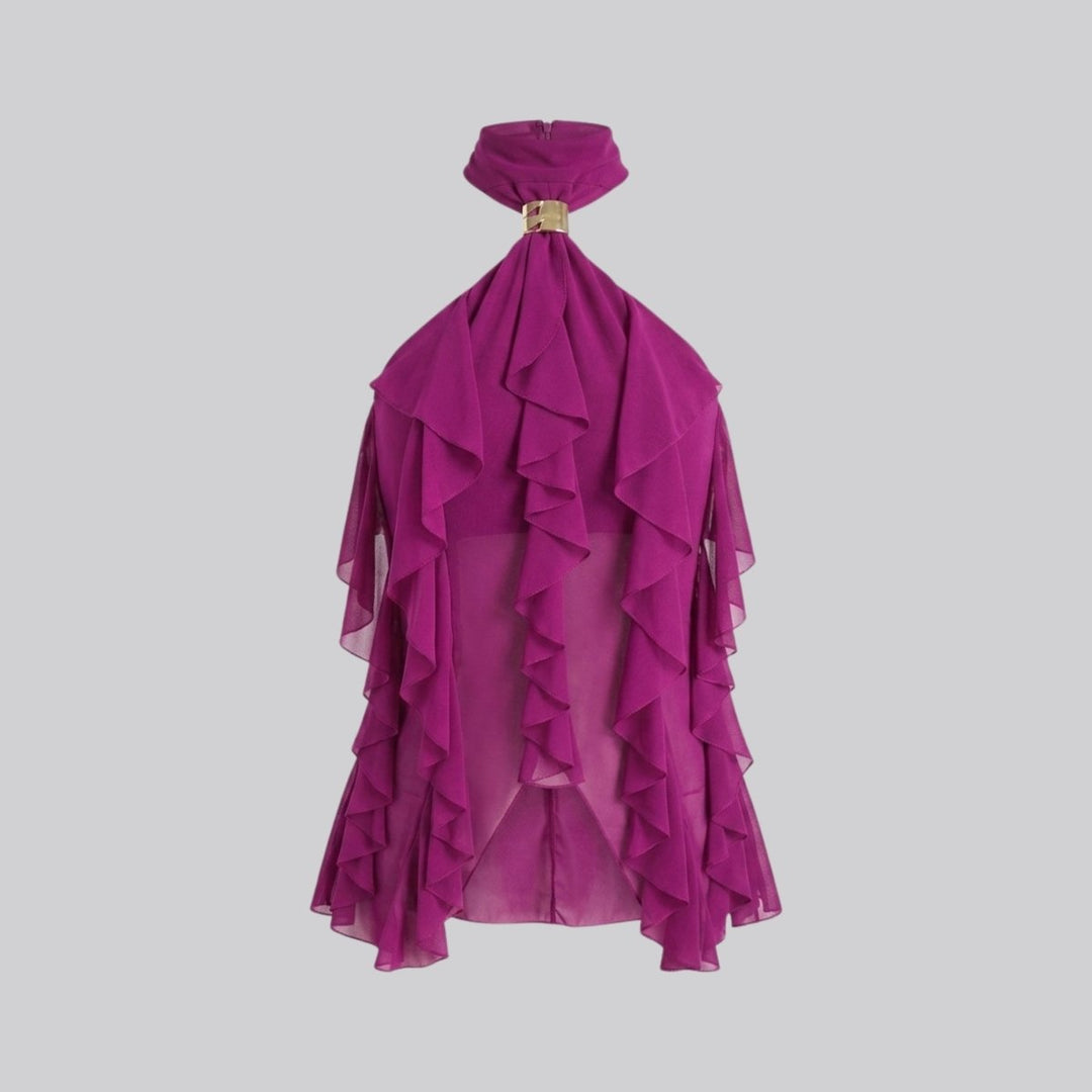 Chic women's halter neck blouse, featuring ruffles, a sophisticated sleeveless top.