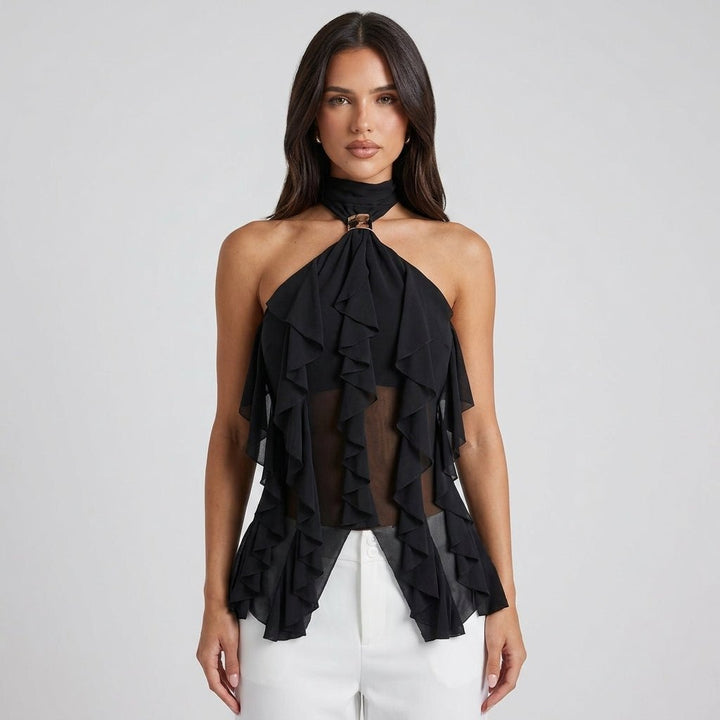 Women's elegant ruffle halter blouse, a versatile sleeveless top for evening events.