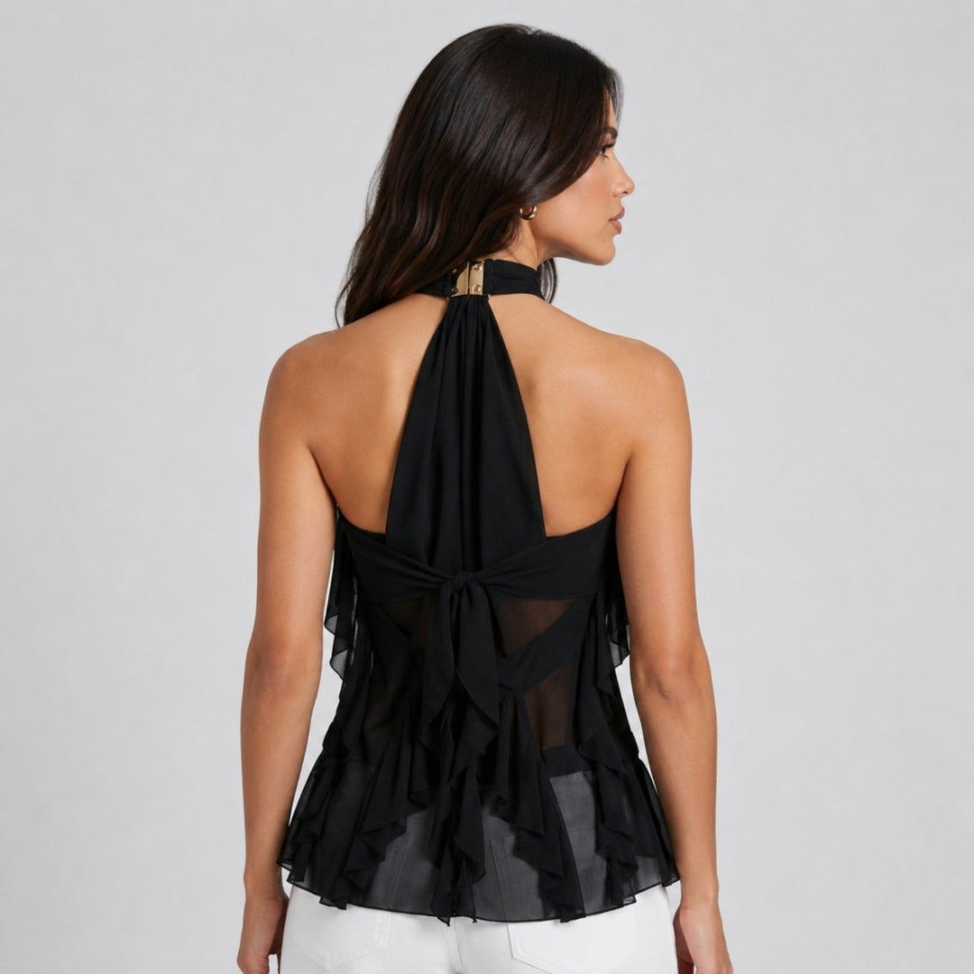 Sophisticated women's sleeveless top, a ruffle halter blouse for formal occasions.