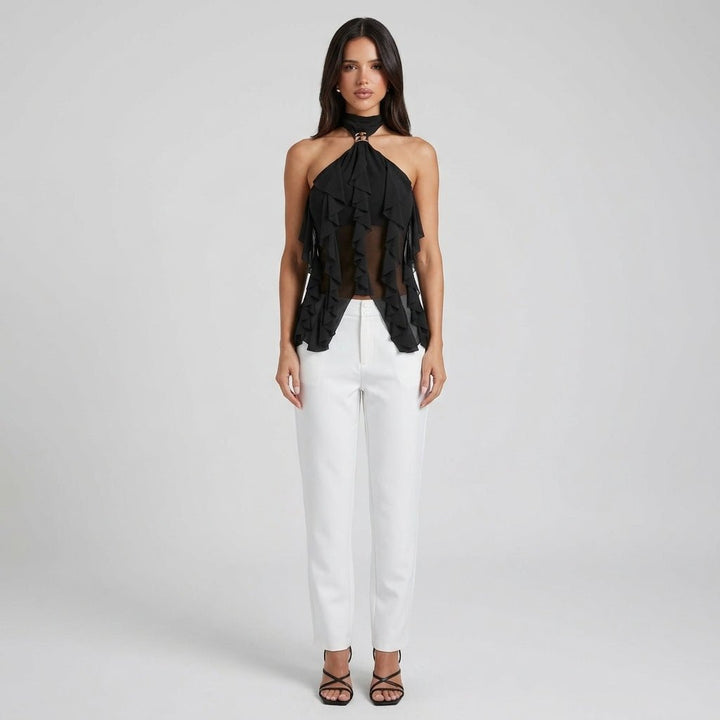 Women's dressy halter blouse with beautiful ruffles, perfect for special evening wear.