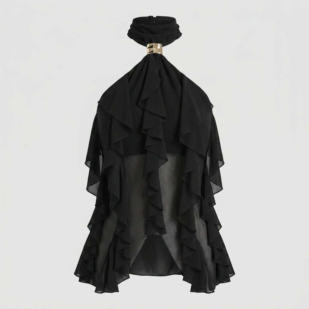 Elegant sleeveless ruffle blouse for women, a formal halter top for any occasion.