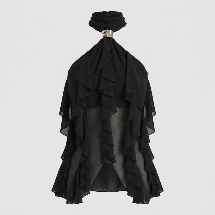 Elegant sleeveless ruffle blouse for women, a formal halter top for any occasion.