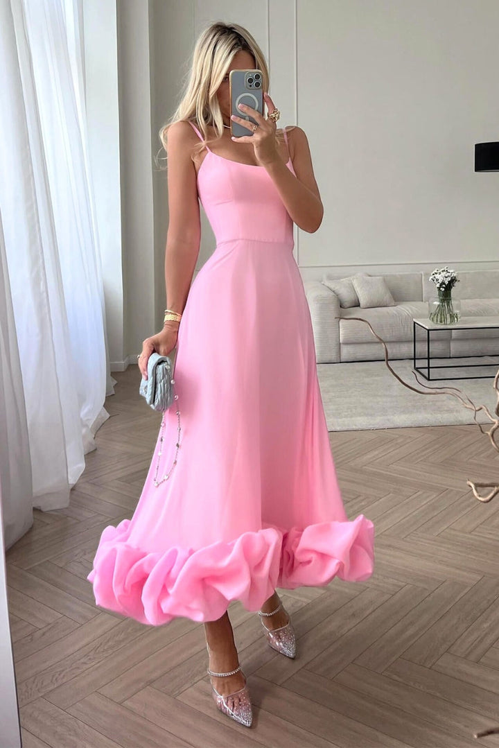 Beautiful women's party dress: ruffle hem maxi, spaghetti strap, perfect for formal events.