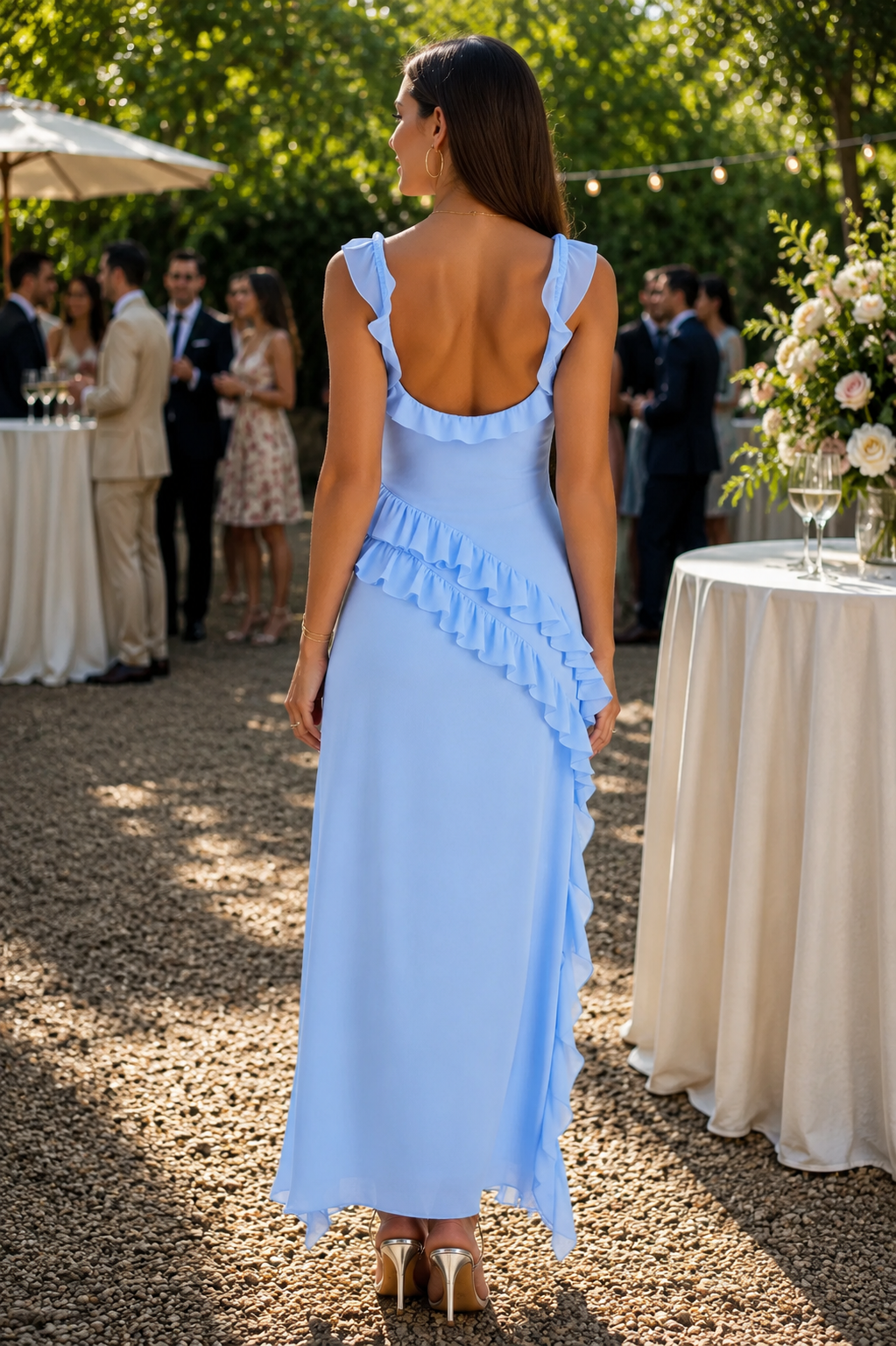 Chic women's elegant ruffle maxi dress. A beautiful long dress for formal parties & special occasion events.