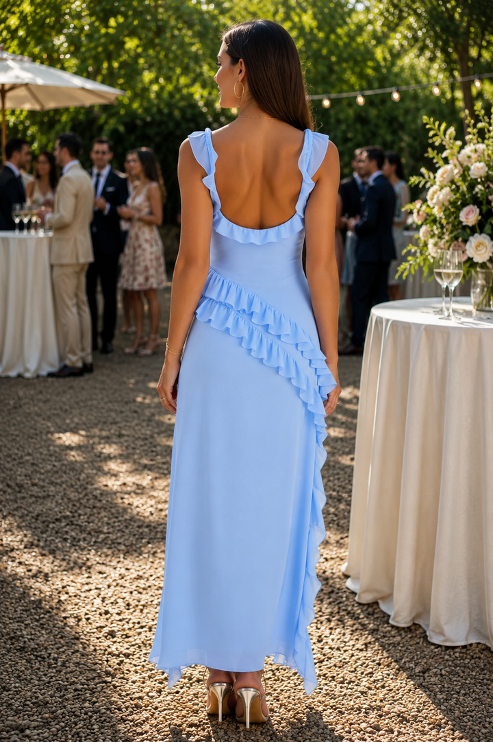 Chic women's elegant ruffle maxi dress. A beautiful long dress for formal parties & special occasion events.