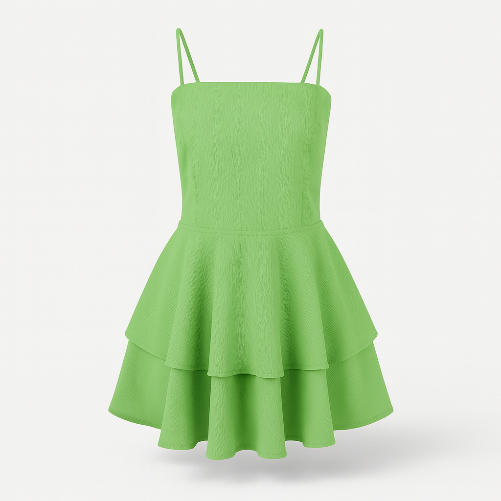 Elegant women's ruffle mini dress with spaghetti straps, perfect for summer parties.