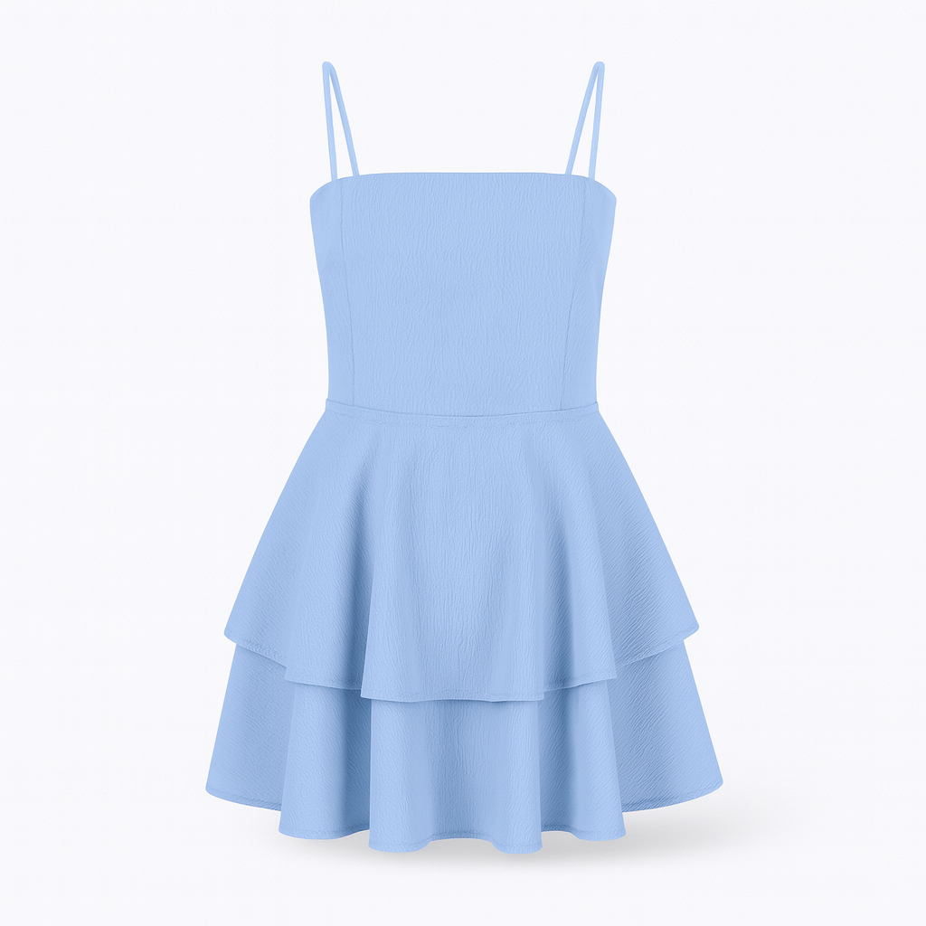 Beautiful women's elegant mini dress featuring playful ruffles and delicate spaghetti straps.