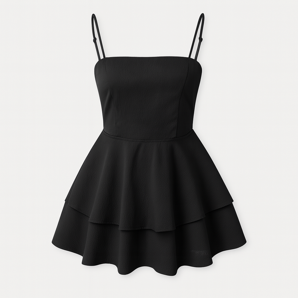 Lightweight women's elegant mini dress featuring ruffles and adjustable spaghetti straps.