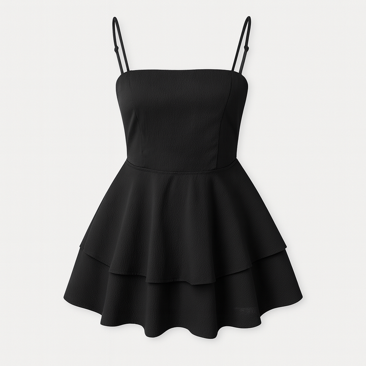Lightweight women's elegant mini dress featuring ruffles and adjustable spaghetti straps.