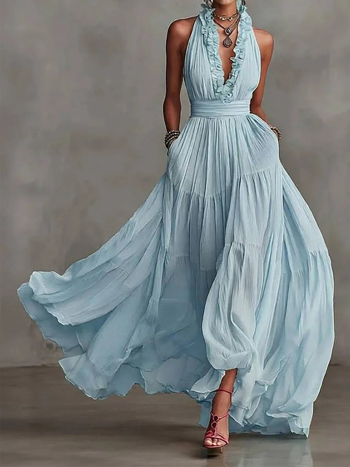 Women's glamorous ruffle trim plunging maxi dress, a perfect backless evening gown for formal parties & events.