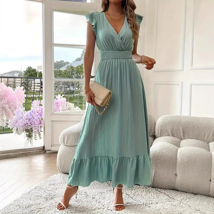 Elegant Women's Ruffle Trim V-Neck Maxi Dress, perfect for versatile spring & summer occasions.