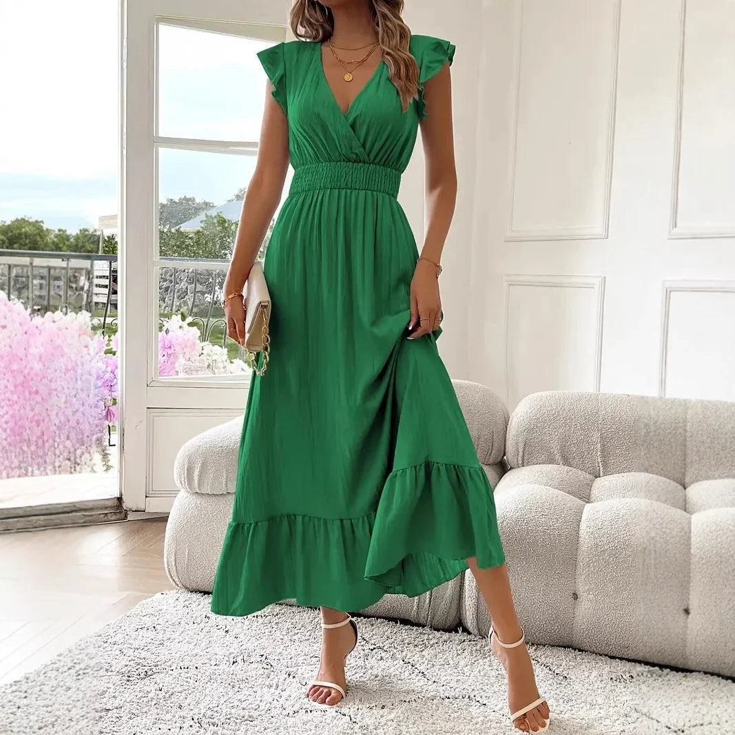 Effortless style: Women's Ruffle Trim V-Neck Maxi Dress, a versatile spring/summer party dress.