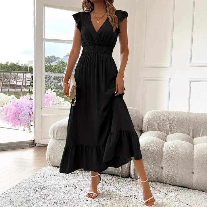 Flowy Ruffle Trim V-Neck Maxi Dress for women, ideal as a comfortable casual or party dress.