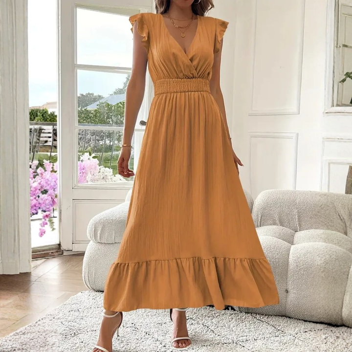 Stylish Women's Maxi Dress with ruffle trim & V-neck, great for elegant spring & summer wear.