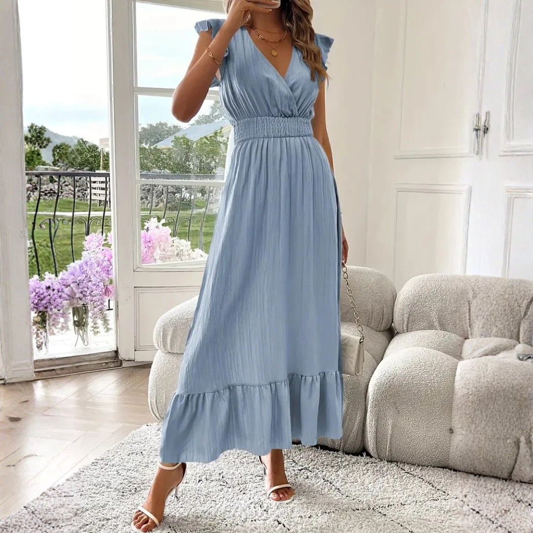 Comfortable Ruffle Trim V-Neck Maxi Dress for women, a versatile choice for casual or formal events.