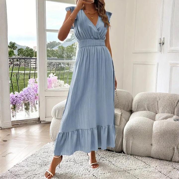 Comfortable Ruffle Trim V-Neck Maxi Dress for women, a versatile choice for casual or formal events.