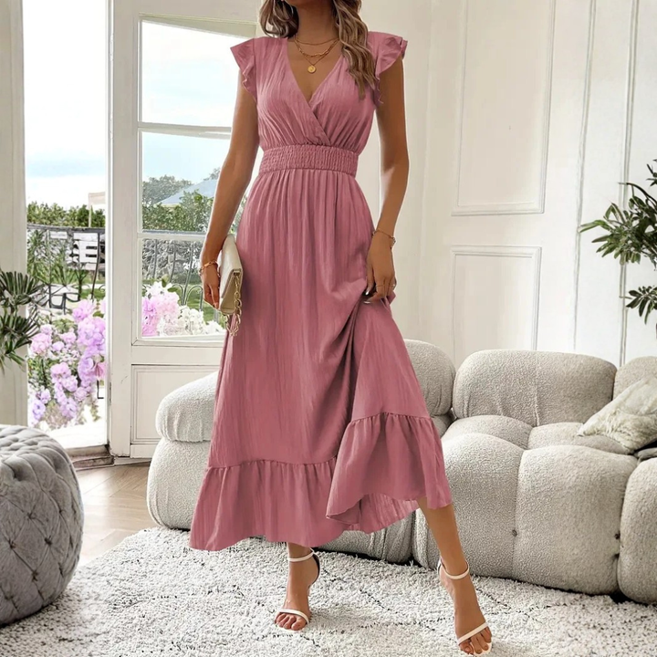 Versatile Ruffle Trim V-Neck Maxi Dress, a flowy women's dress for casual or formal occasions.