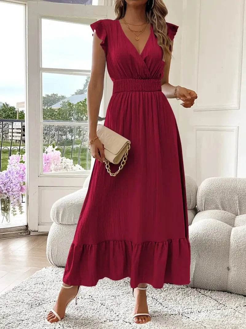 Chic Ruffle Trim V-Neck Maxi Dress, a comfortable & flowy women's dress for any event.