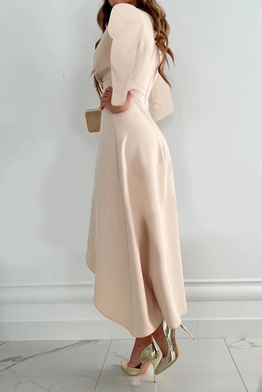 Long sleeve ruffle wrap midi dress for women. A chic and elegant wedding guest or special occasion party dress.