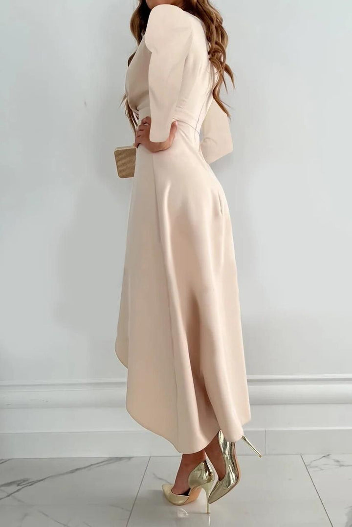 Long sleeve ruffle wrap midi dress for women. A chic and elegant wedding guest or special occasion party dress.