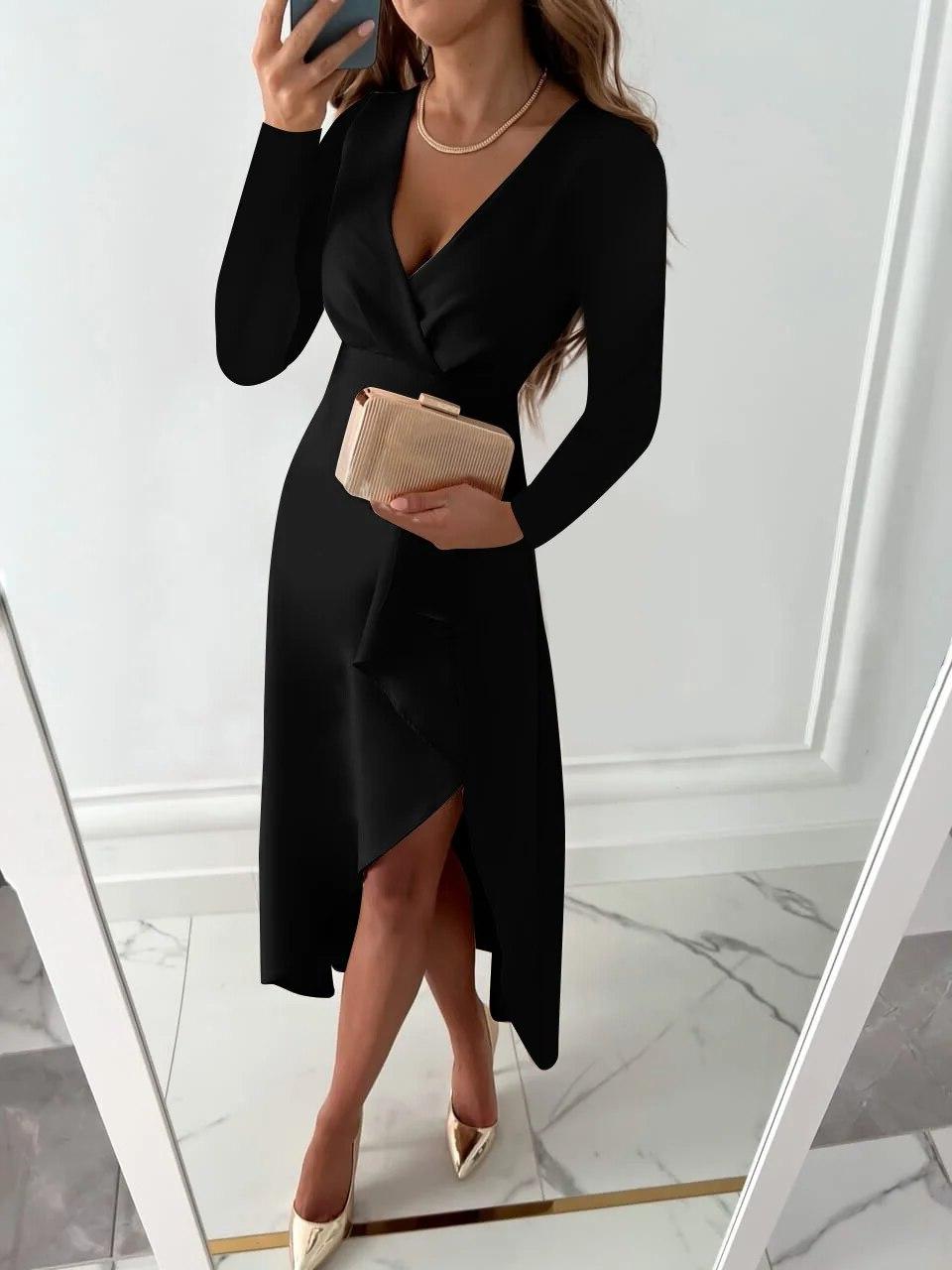 Sophisticated women's midi wrap dress with cascading ruffles, ideal for formal gatherings & evening events.