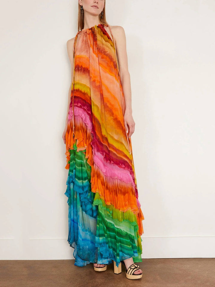 Elegant women's ruffled halter maxi dress for evening & special occasions. Sleeveless and flowy summer style.