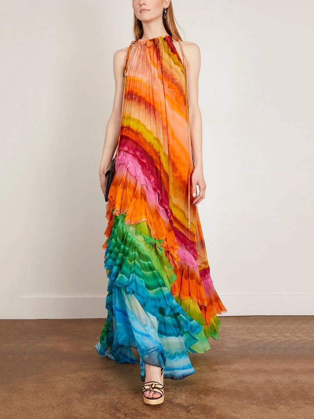 Women's tiered ruffled sleeveless halter maxi dress. Perfect elegant flowy summer evening wear.
